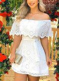White Women Off Shoulder Broderie Lace Mini Dress