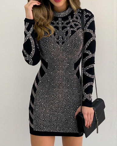 Long Sleeve High Neck Rhinestone Party Dress