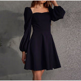 New Ruched Patchwork Puff Sleeve Slim Women's Solid Square Collar A-line Dress