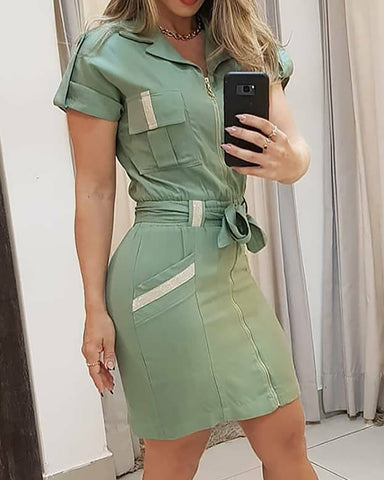 Striped Colorblock Zip Front Shirt Dress