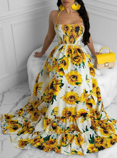 Sexy Open Back Print Bandage Maxi Dress