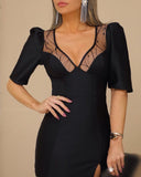 Sheer Mesh Patch Puff Sleeve High Slit Work Dress