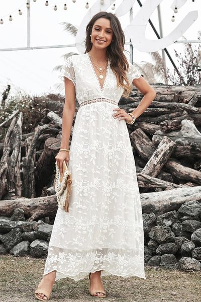 Women Fashion Solid Color White V Neck Dress Summer Dresses