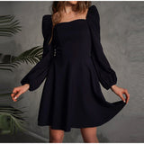 New Ruched Patchwork Puff Sleeve Slim Women's Solid Square Collar A-line Dress