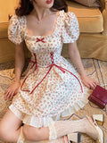 Floral Lace Dress Mori Girl Style Elegant Puff Sleeve Bandage  Mini Short Dresses