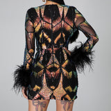 Patchwork Print Skinny Ostrich Feather Sequins Sexy Party Dress