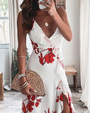 Women Sexy High Slit Floral Print Ruffles Maxi Dress