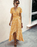 Pink Female Polka Dot Sexy V-neck Ruffle Short-sleeved Beach Vacation Summer Dress