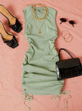 Solid Sleeveless Ruched Bodycon Mini Dress
