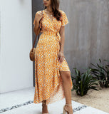 Pink Female Polka Dot Sexy V-neck Ruffle Short-sleeved Beach Vacation Summer Dress