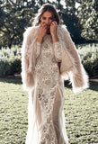 Long Sleeve Floor Length Sexy Backless White Lace Maxi Dress