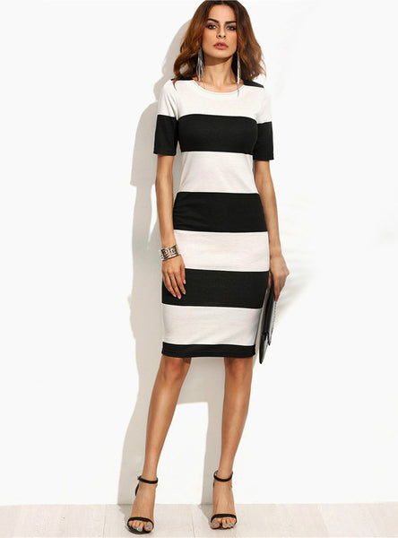 Black and White Contrast Wide Stripe Pencil Dress