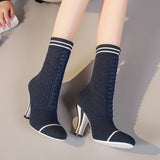 Fashion 2018 spring autumn fashion Stretch boots high heels slip on ankle boots shoes for woman plus size square heels