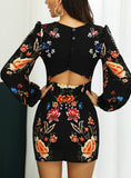 Cutout Back Bishop Sleeve Floral Bodycon Mini Dress