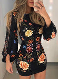 Cutout Back Bishop Sleeve Floral Bodycon Mini Dress