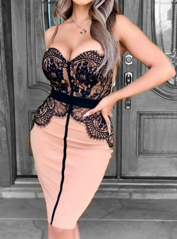 Women Sexy Spaghetti Strap Eyelash Lace Bodycon Dress