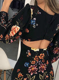 Cutout Back Bishop Sleeve Floral Bodycon Mini Dress