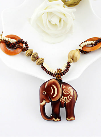Wood Elephant Pedant Necklace Sweater Chain 
