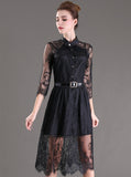 Half Sleeve Elastic Waist Floral Crochet Casual black Lace Dress 