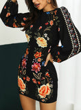 Cutout Back Bishop Sleeve Floral Bodycon Mini Dress