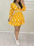 Yellow Plunge Polka Dots Shirring Design Ruched Ruffles Casual Dress