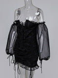 Mesh Lace-Up Drawstring Design Ruched Mini Dress