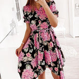 Floral Print Short Sleeve V Neck Irregular Summer Dress
