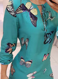 Casual Butterfly Print Tie Front Long Sleeve Dress
