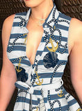 Women Striped Print Tie Waist Sleeveless Shirt Dress