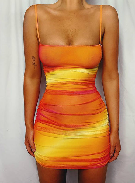 Women Gradient Color Ruched Cutout Back Bodycon Dress
