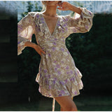 Women Sexy Floral  Chiffon Flared Sleeve Backless Lace Up Mini Dress