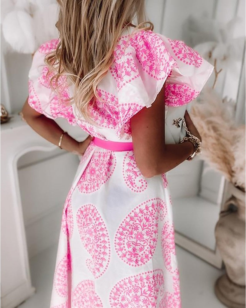 Women Paisley Pattern Print Flutter Sleeve Slit Shirt Dress – Ncocon
