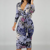 Leaf Print Zipper Neck Long Sleeve Belted Midi Dress