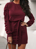 Solid Draped Sashes Bandeau Shirring Casual Dress