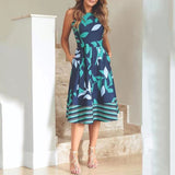 Printed Pocket Design Belted Sleeveless Summer Dress