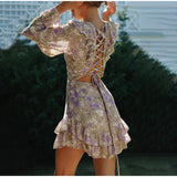 Women Sexy Floral  Chiffon Flared Sleeve Backless Lace Up Mini Dress
