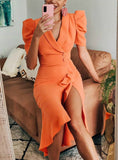 Orange V-Cut Ruffle Hem Slit Wrap Midi Dress