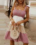 Women Colorblock Knot Shoulder Ruched Bust Dress