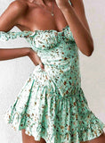 Women Thick Strap Floral Print Ruffle Trim Dress