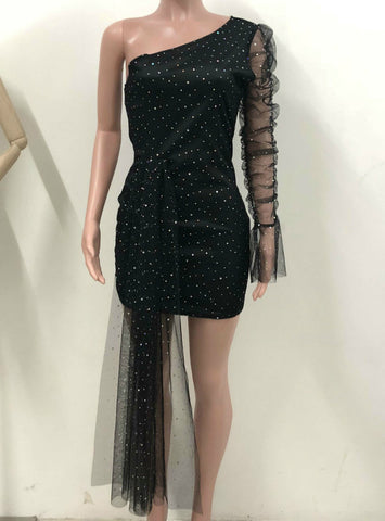 Draped Glitter One Shoulder Sheer Mesh Ruched Dress