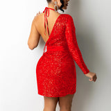 Sexy One Shoulder Open Back Sequined Halter Party Dress