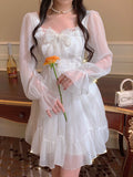 Vintage Sweet Kawaii Women French Elegant White Ruffle Party Dresses