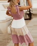 Women Colorblock Knot Shoulder Ruched Bust Dress