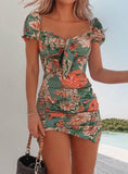 Women Casual Floral Square Neck Tie Front Dress