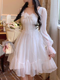Vintage Sweet Kawaii Women French Elegant White Ruffle Party Dresses