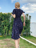 Chiffon Dress Summer Dress Casual V-neck Short-sleeved A-line Beach Long Robe Dress