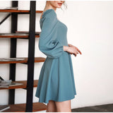 New Ruched Patchwork Puff Sleeve Slim Women's Solid Square Collar A-line Dress