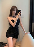 Sweet Lace-up Backless Strapless Drawstring Pleated Halte Dress