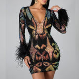 Patchwork Print Skinny Ostrich Feather Sequins Sexy Party Dress