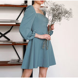 New Ruched Patchwork Puff Sleeve Slim Women's Solid Square Collar A-line Dress